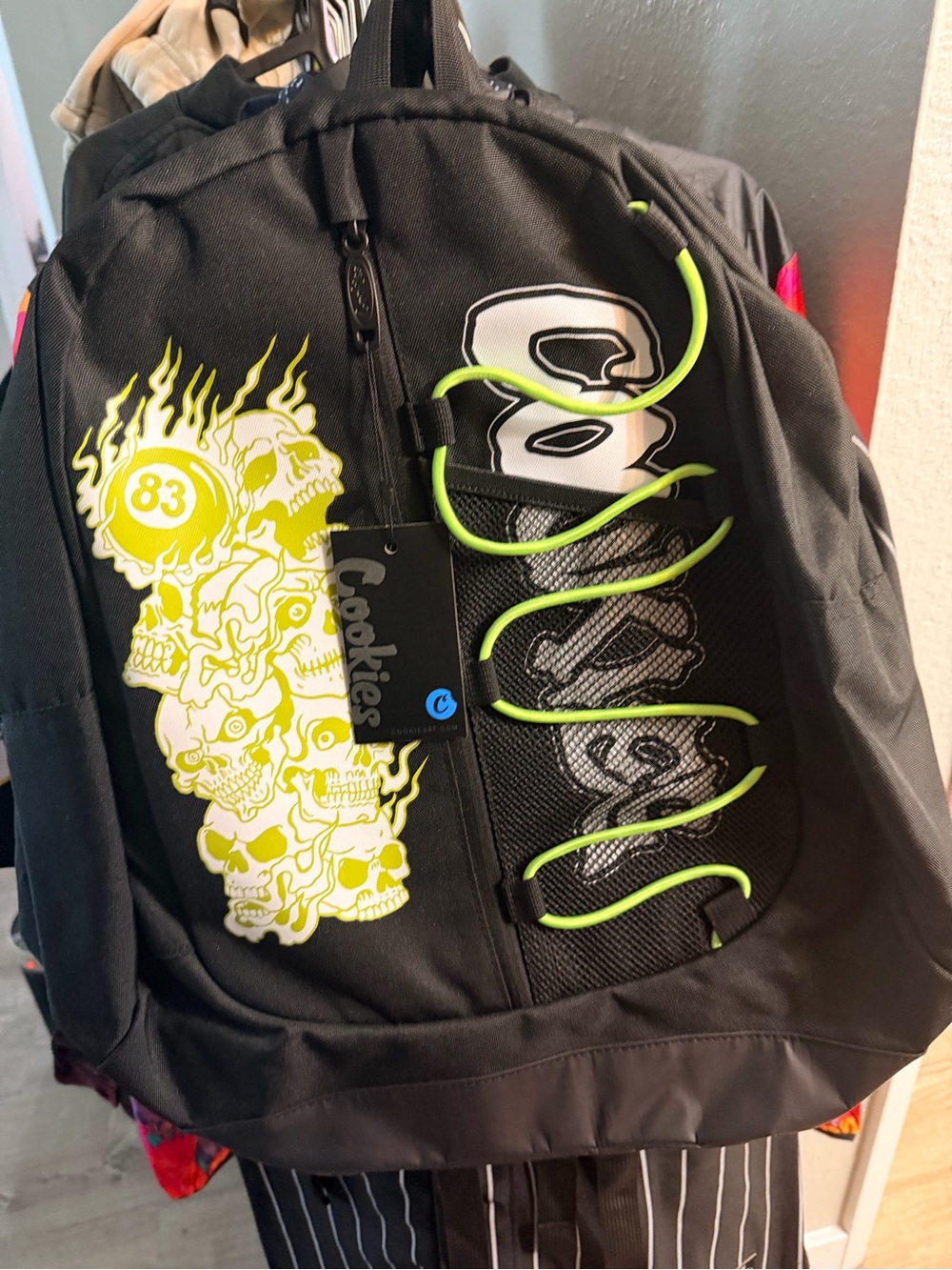 Cookies Black Backpack with Neon Yellow Skull Graphic